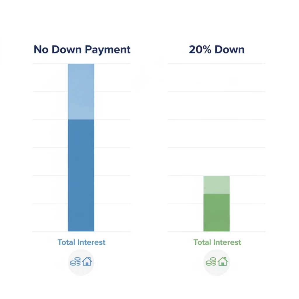 Side-by-side bar chart comparing total interest paid with zero down versus twenty percent down payment on a car loan
