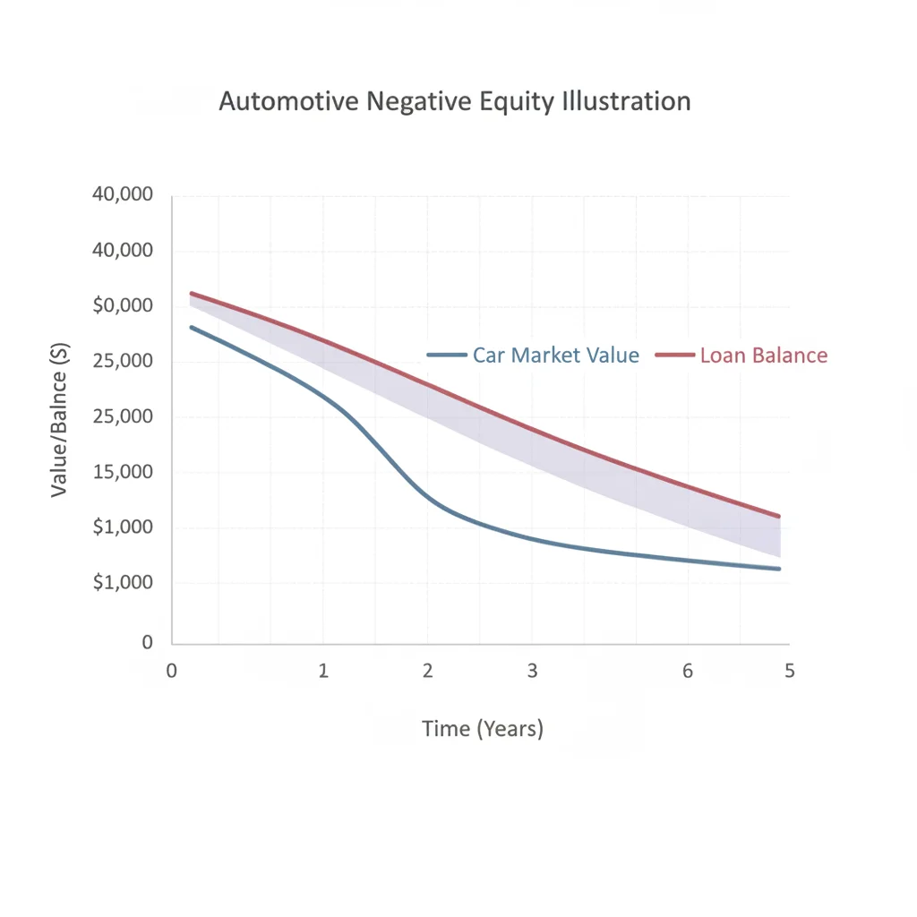Graph showing car market value depreciation curve versus loan balance over time, illustrating the negative equity gap