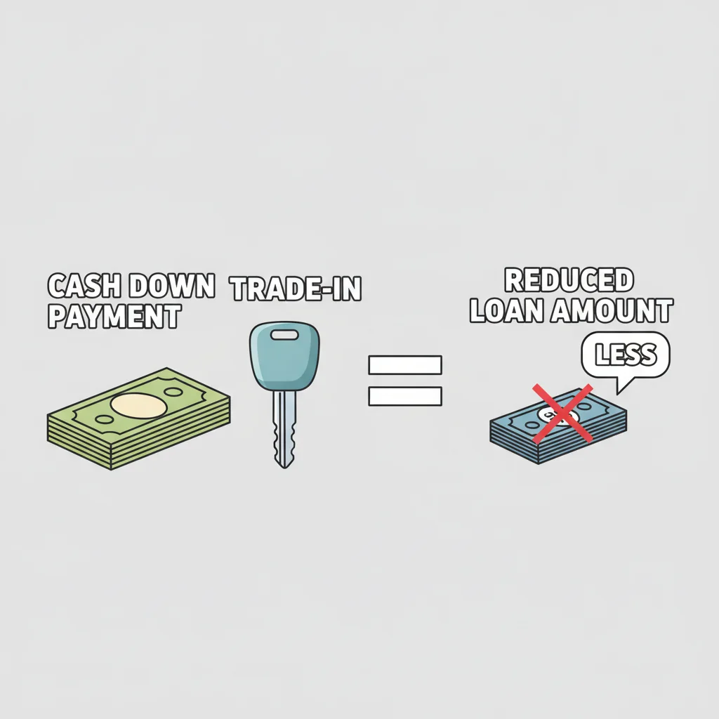 Illustration comparing cash down payment and trade-in vehicle value both reducing an auto loan principal amount equally
