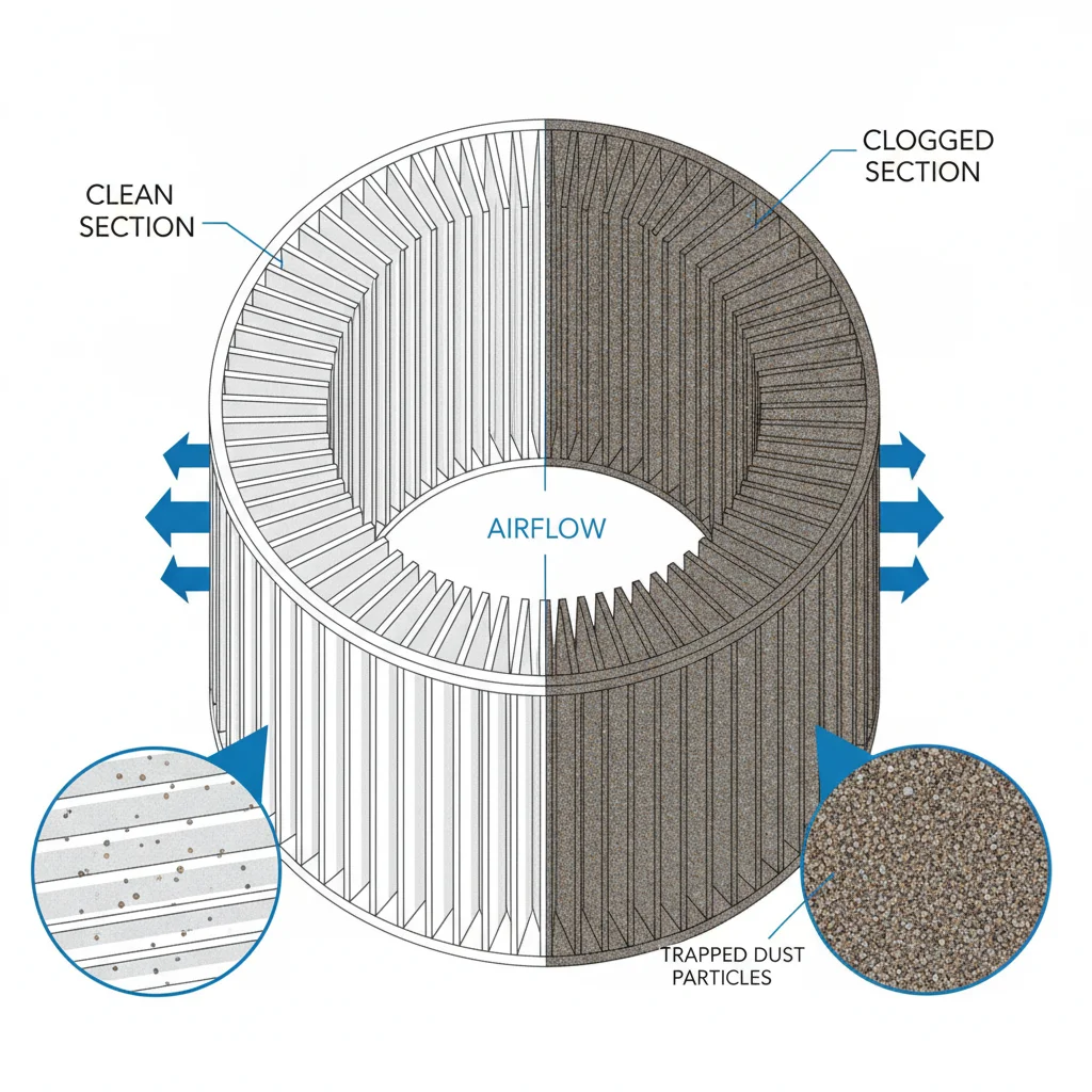 Cross-section diagram showing how dust and debris accumulate in pleated engine air filter media