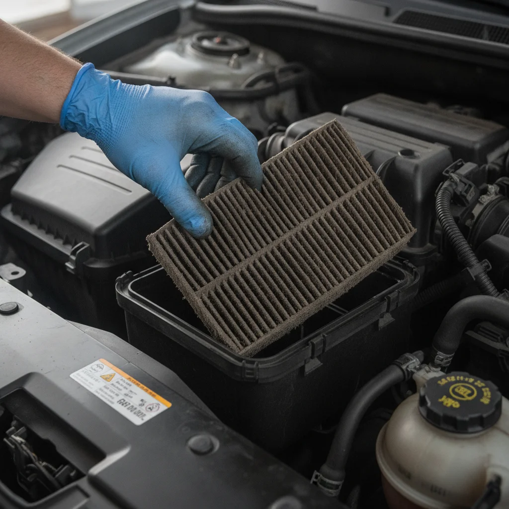 Mechanic removing a visibly dirty brown engine air filter from the filter housing in an engine bay