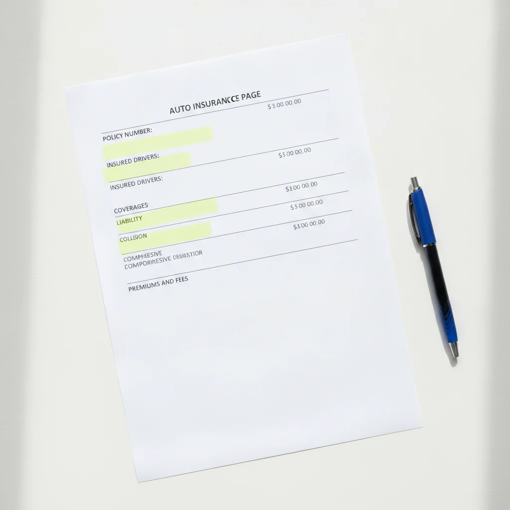 Auto insurance declarations page with highlighted sections laid on a white desk with a pen