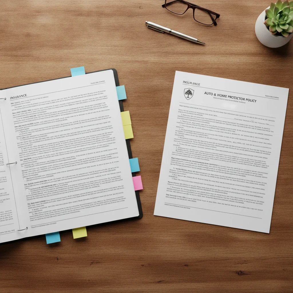 Two insurance policy documents placed side by side on a desk with sticky note tabs for comparison