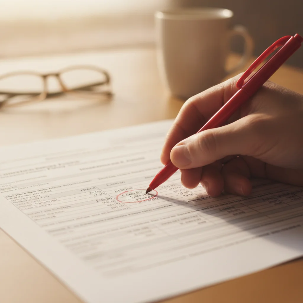 A hand circling coverage limit numbers on a printed insurance declarations page with a red pen