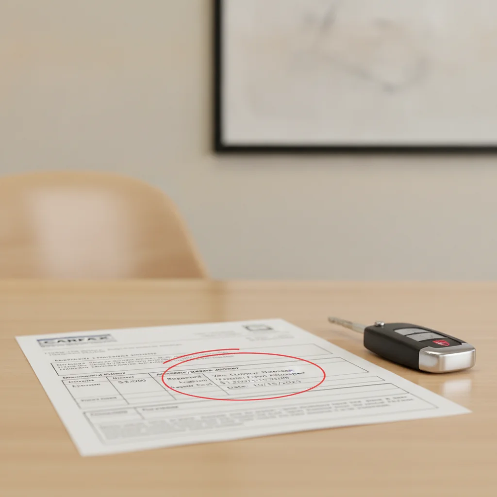 Vehicle history report with accident notation circled in red pen next to car keys on a desk