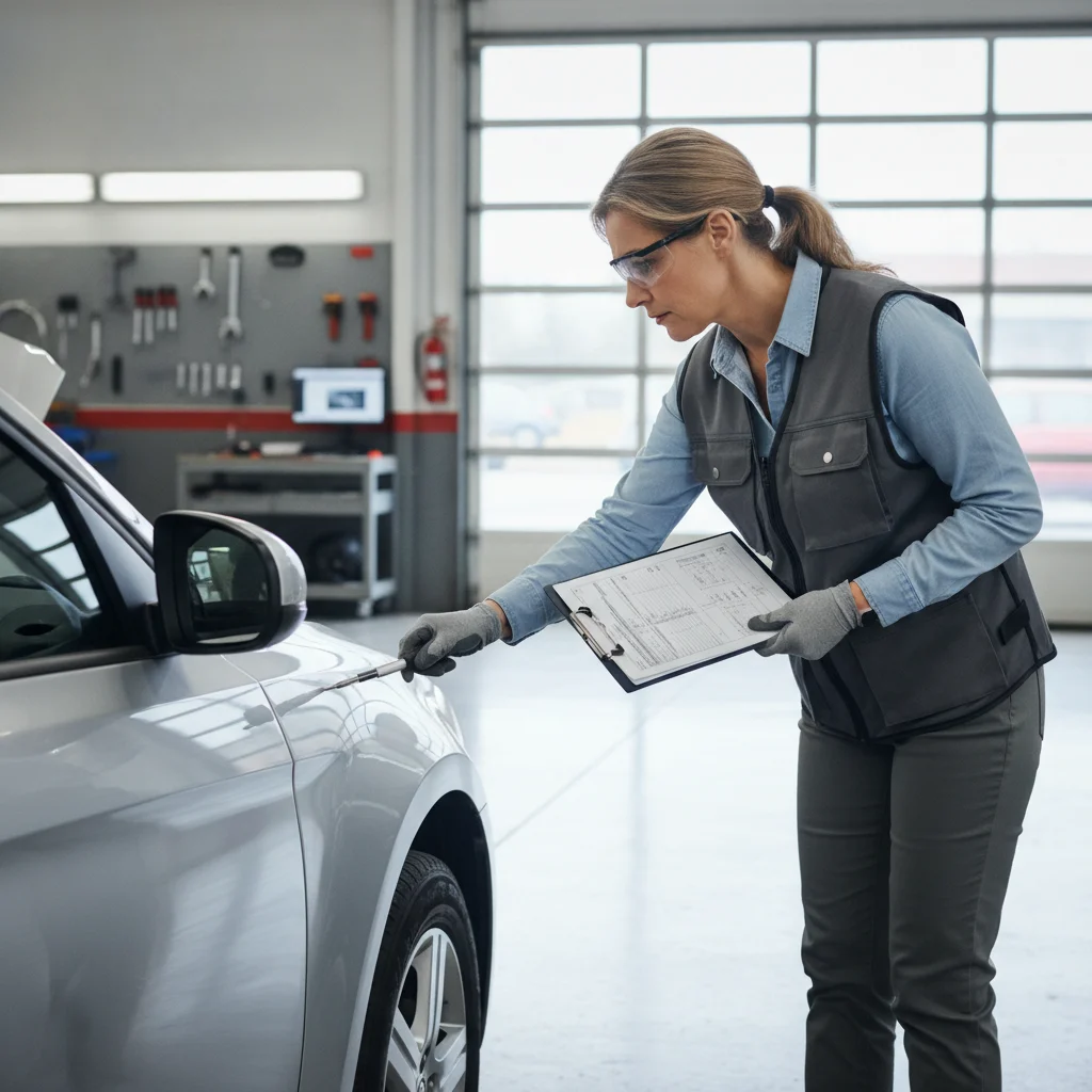 Certified auto appraiser with clipboard inspecting a repaired sedan inside a professional garage