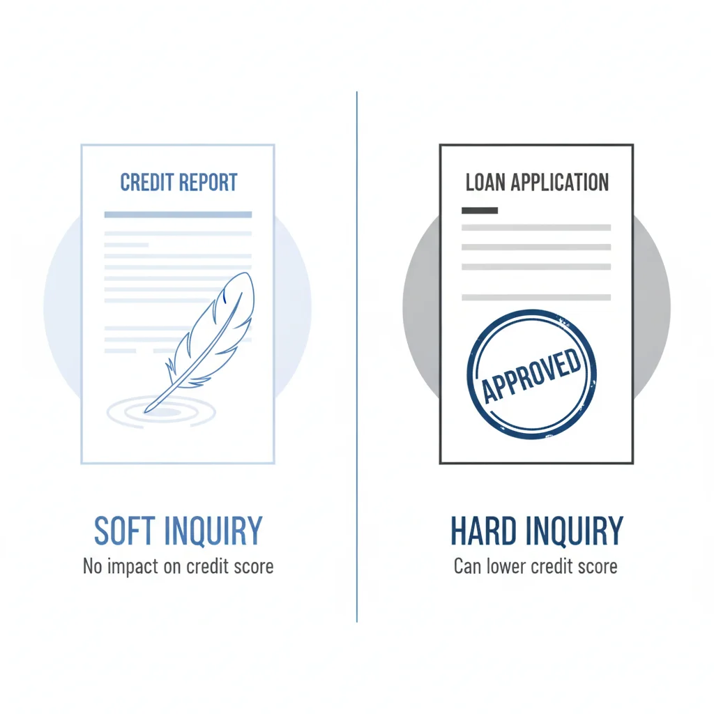 Illustration comparing a soft credit inquiry versus a hard inquiry on a loan application