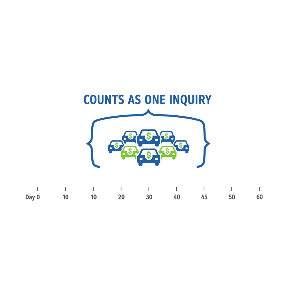 Timeline graphic showing multiple auto loan applications clustered within a 45-day rate-shopping window counted as one inquiry