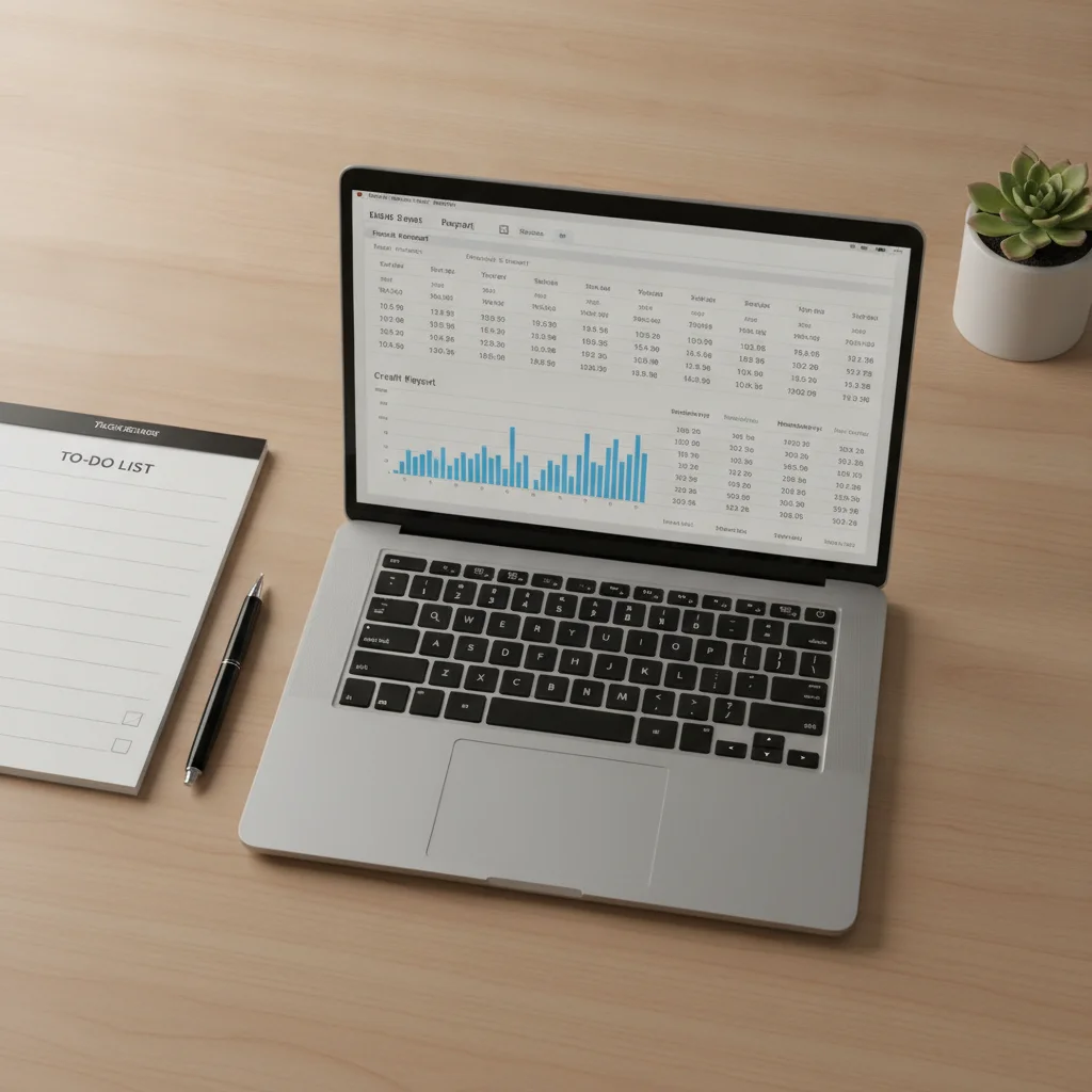 Overhead view of a desk with a checklist notepad and laptop showing a credit report before a refinance application