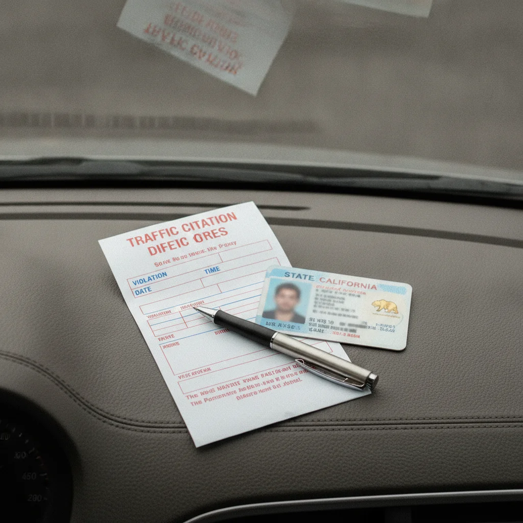 Traffic citation ticket and driver's license laid out on a car dashboard with a pen