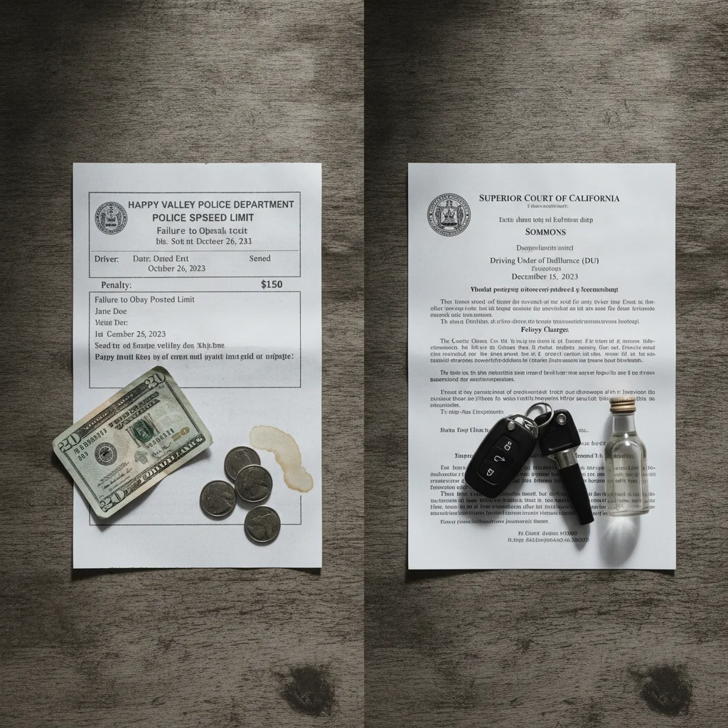 Side-by-side comparison of a minor speeding ticket and a DUI court summons illustrating violation severity tiers