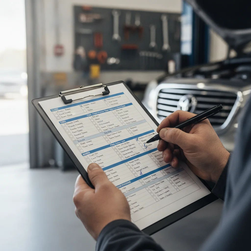 Technician holding a multi-point inspection checklist on a clipboard in an auto service bay