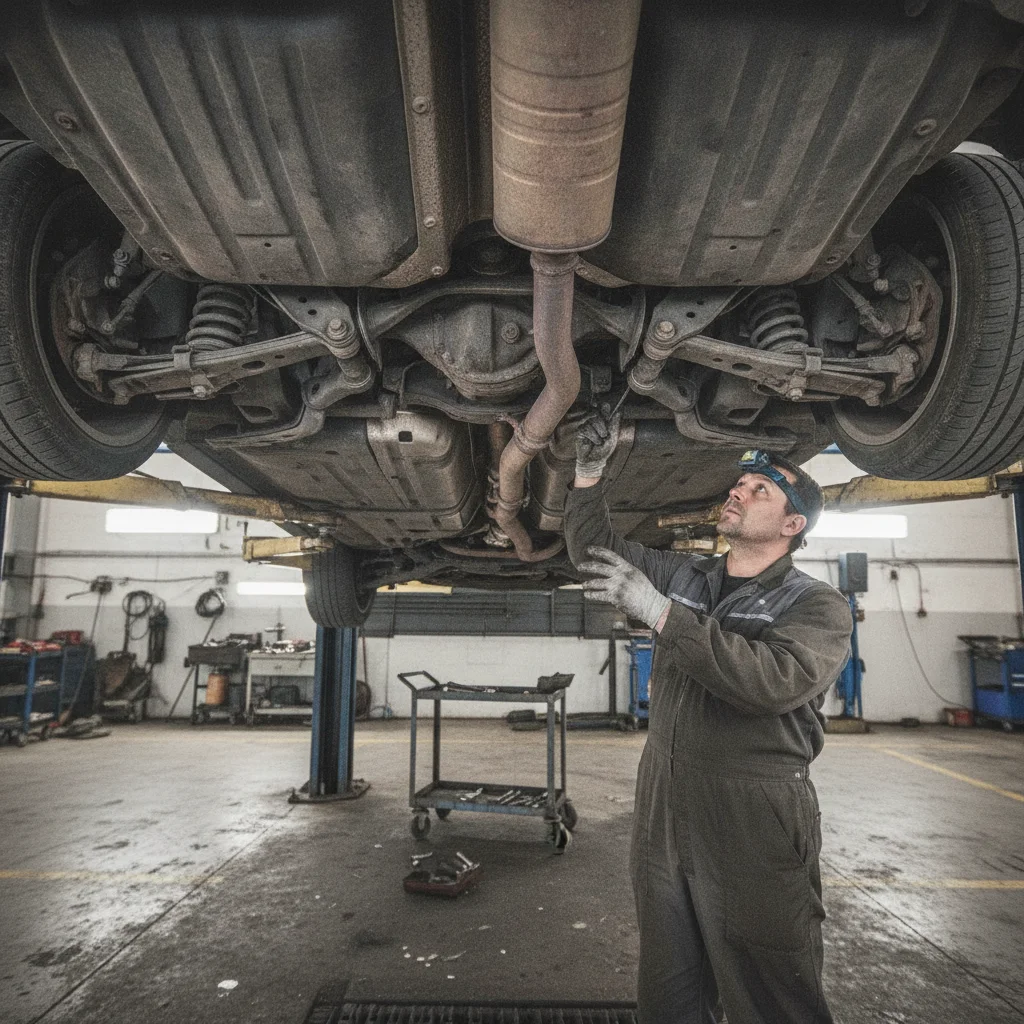 Mechanic visually inspecting the underside of a vehicle on a lift in a dealership service bay