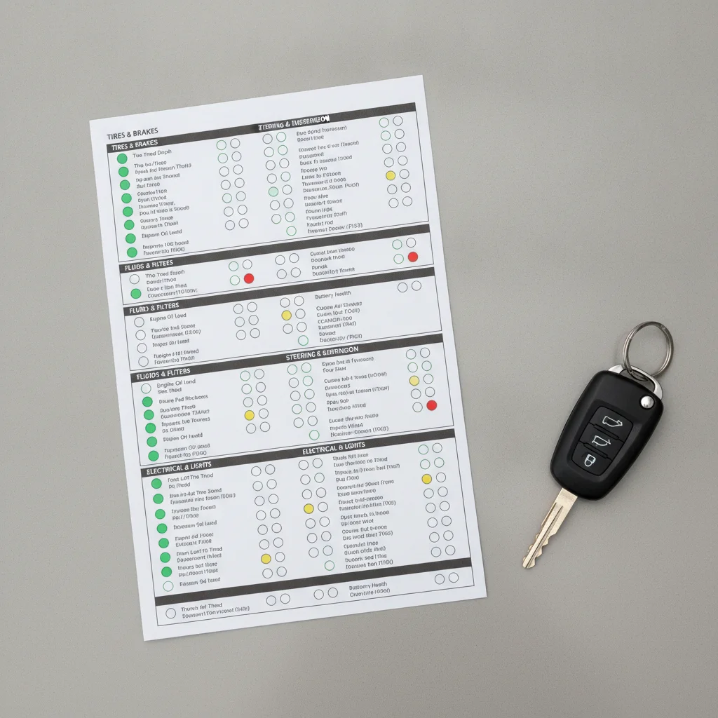 Color-coded multi-point inspection report sheet with green yellow and red indicators on a service counter