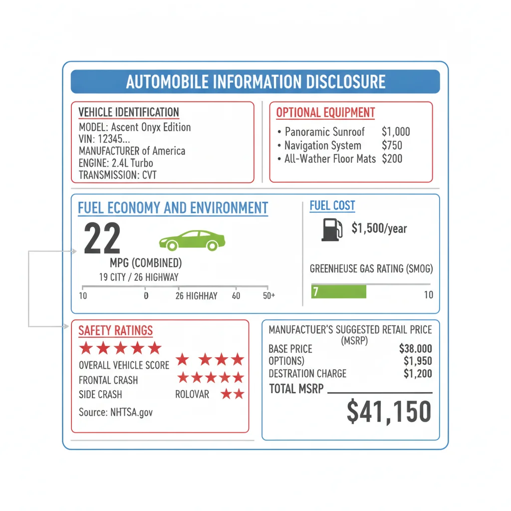 Annotated diagram of a Monroney window sticker showing all seven labeled sections