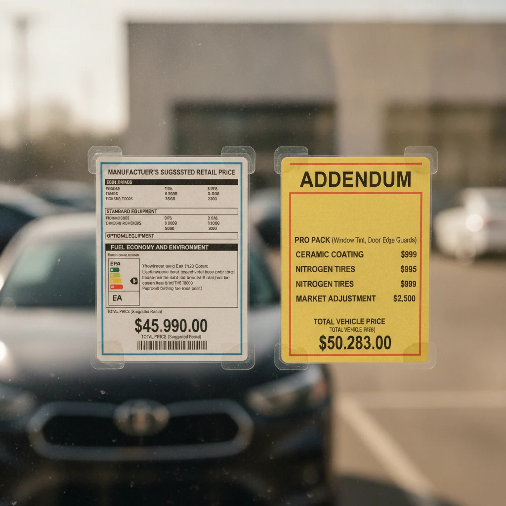 Two window stickers side by side on a car at a dealership — a Monroney label and a dealer addendum sticker