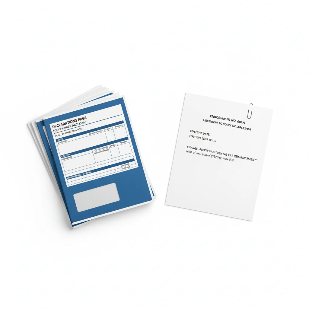 Auto insurance base policy document with an endorsement form clipped to it showing the amendment structure