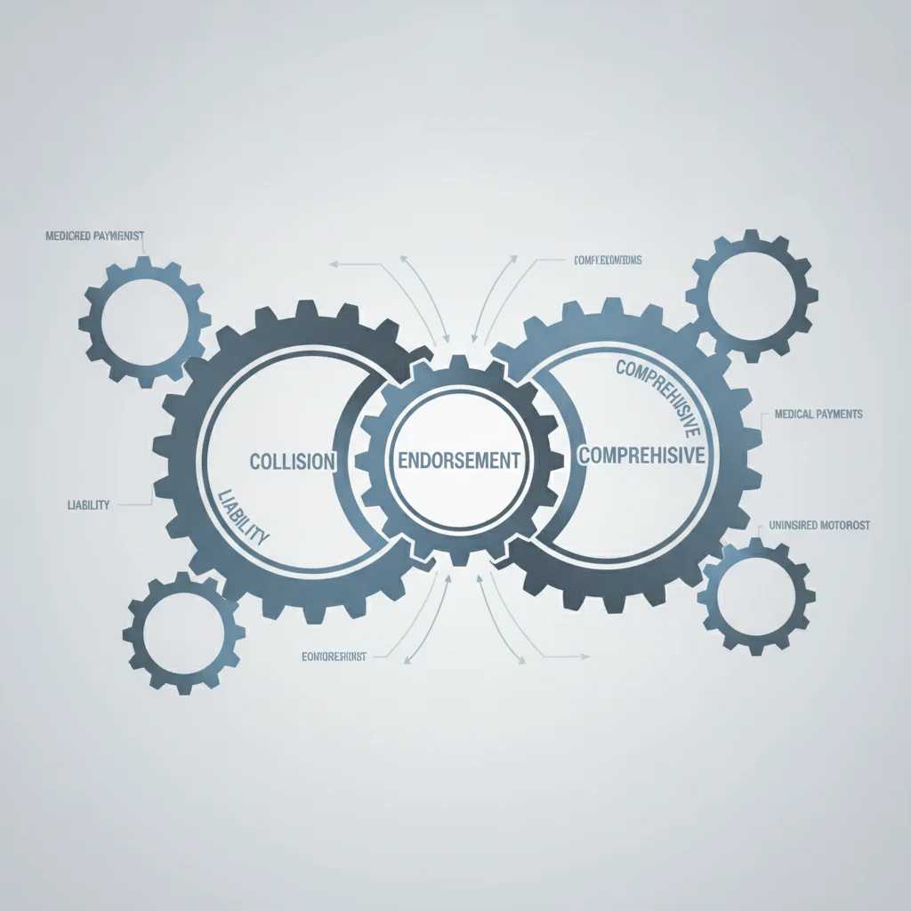 Interconnected gears illustrating how an endorsement interacts with base auto insurance coverage layers