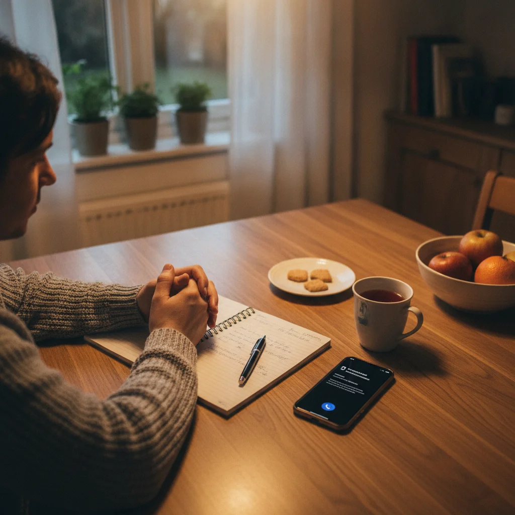 Person reviewing accident notes and photos at kitchen table before giving a recorded statement by phone
