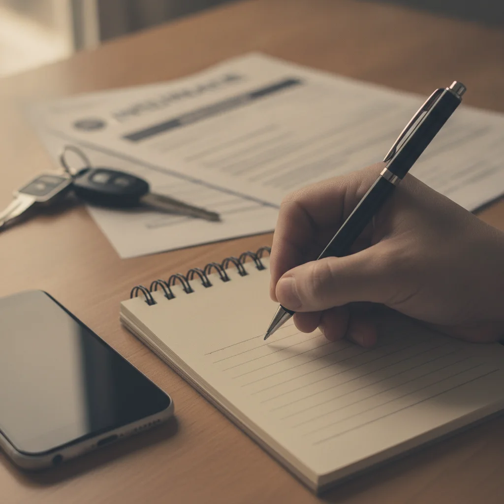 Hand writing in claims log notebook beside a smartphone and insurance paperwork after an accident