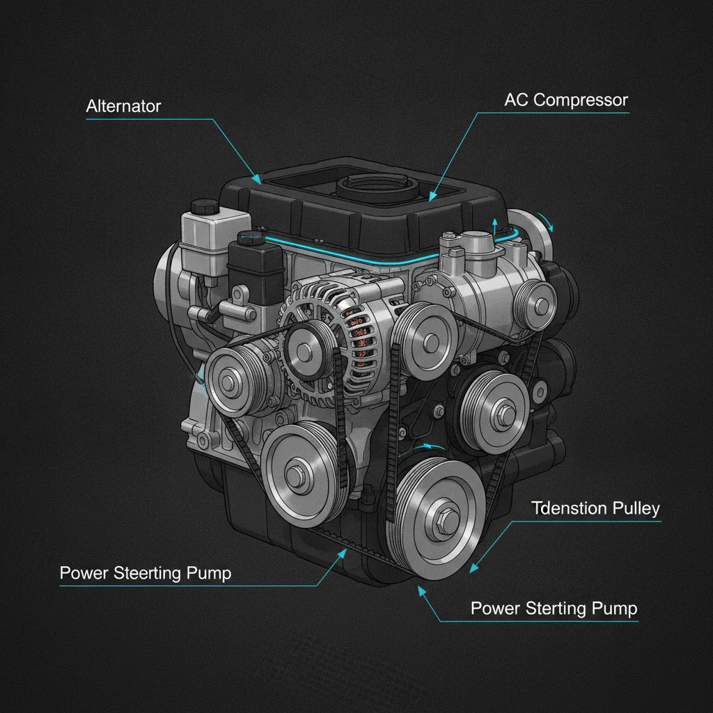 Diagram showing serpentine belt routing around engine pulleys including alternator and AC compressor