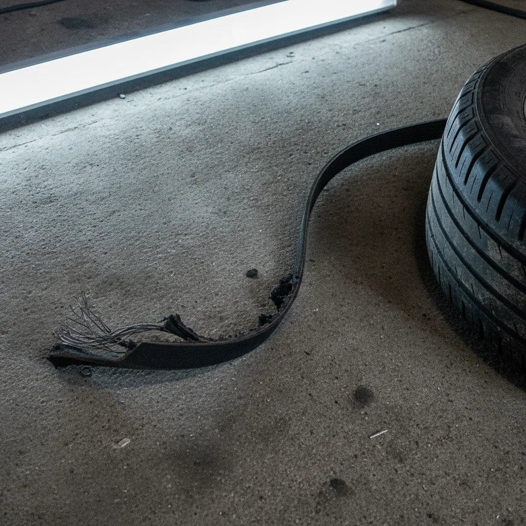 Snapped and frayed serpentine belt lying on a garage floor next to a car wheel