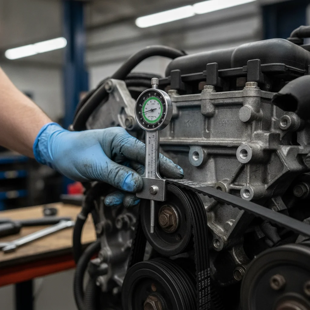 Mechanic measuring serpentine belt rib wear depth with a belt wear gauge tool