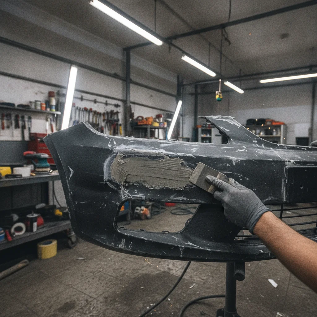 Auto body technician repairing bumper damage that may not be reported to insurance