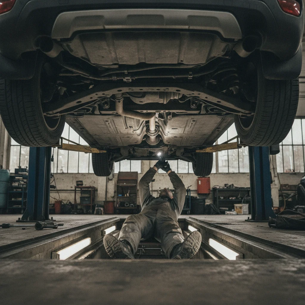 Mechanic inspecting vehicle undercarriage during a pre-purchase inspection