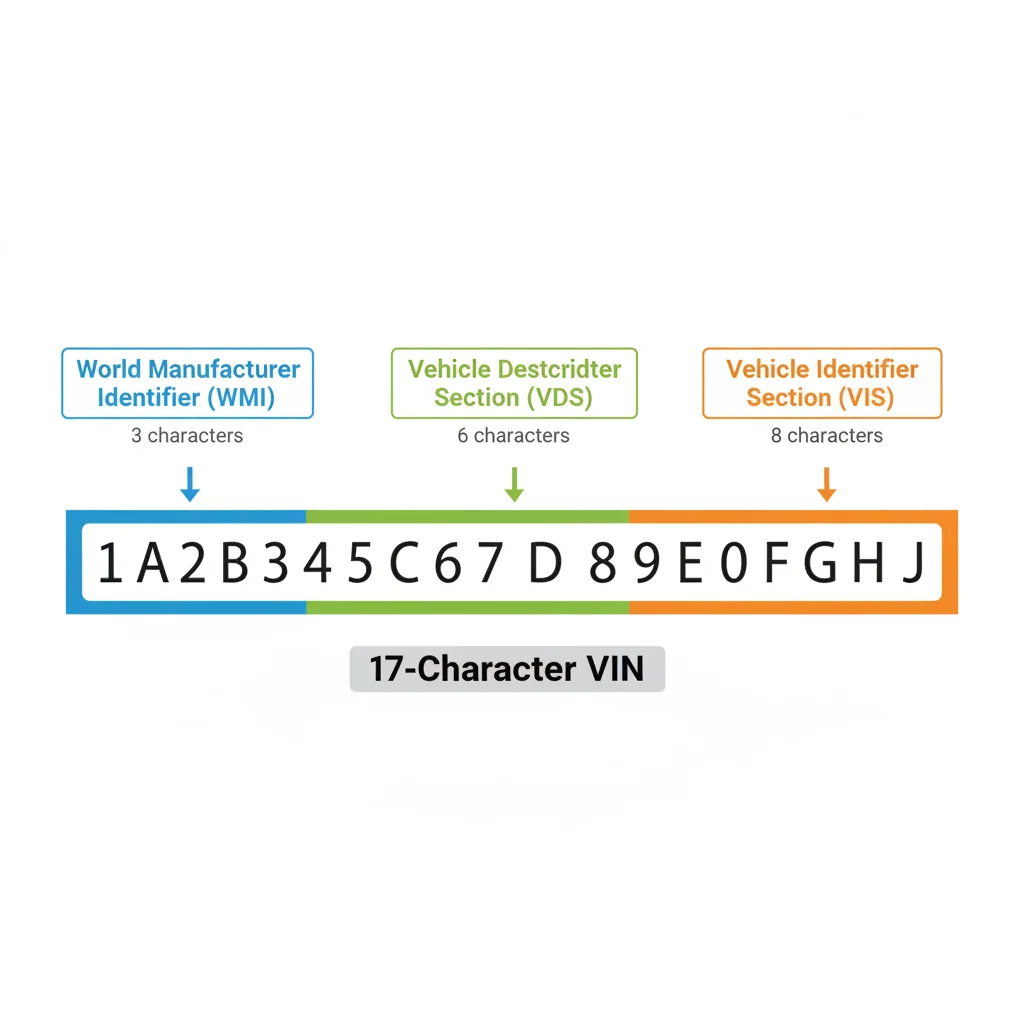 Diagram showing a VIN divided into three labeled sections with color coding for each group of characters