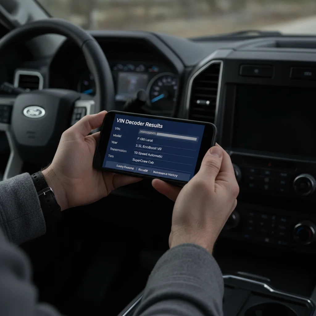 Person using a smartphone VIN decoder app while sitting inside a car during a purchase inspection