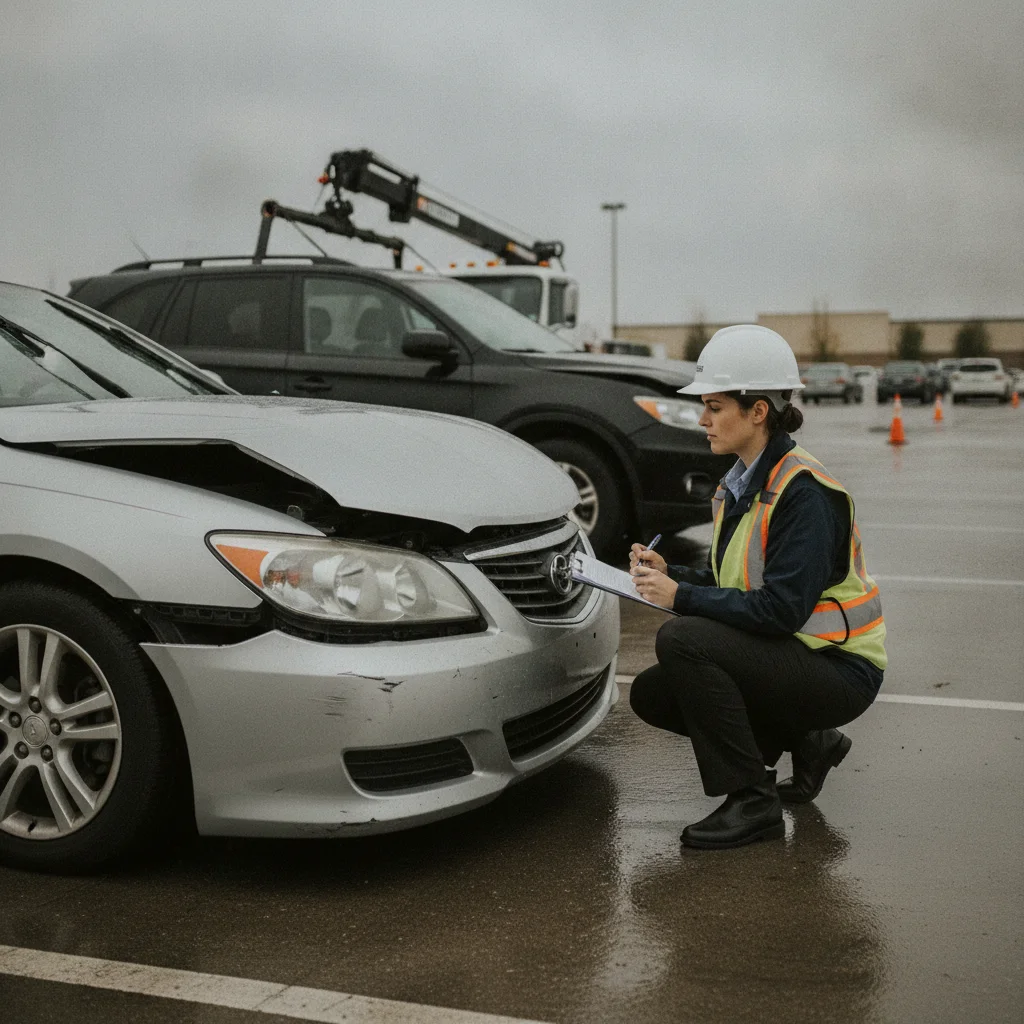 An insurance claims adjuster inspecting vehicle damage and taking notes on a clipboard outdoors