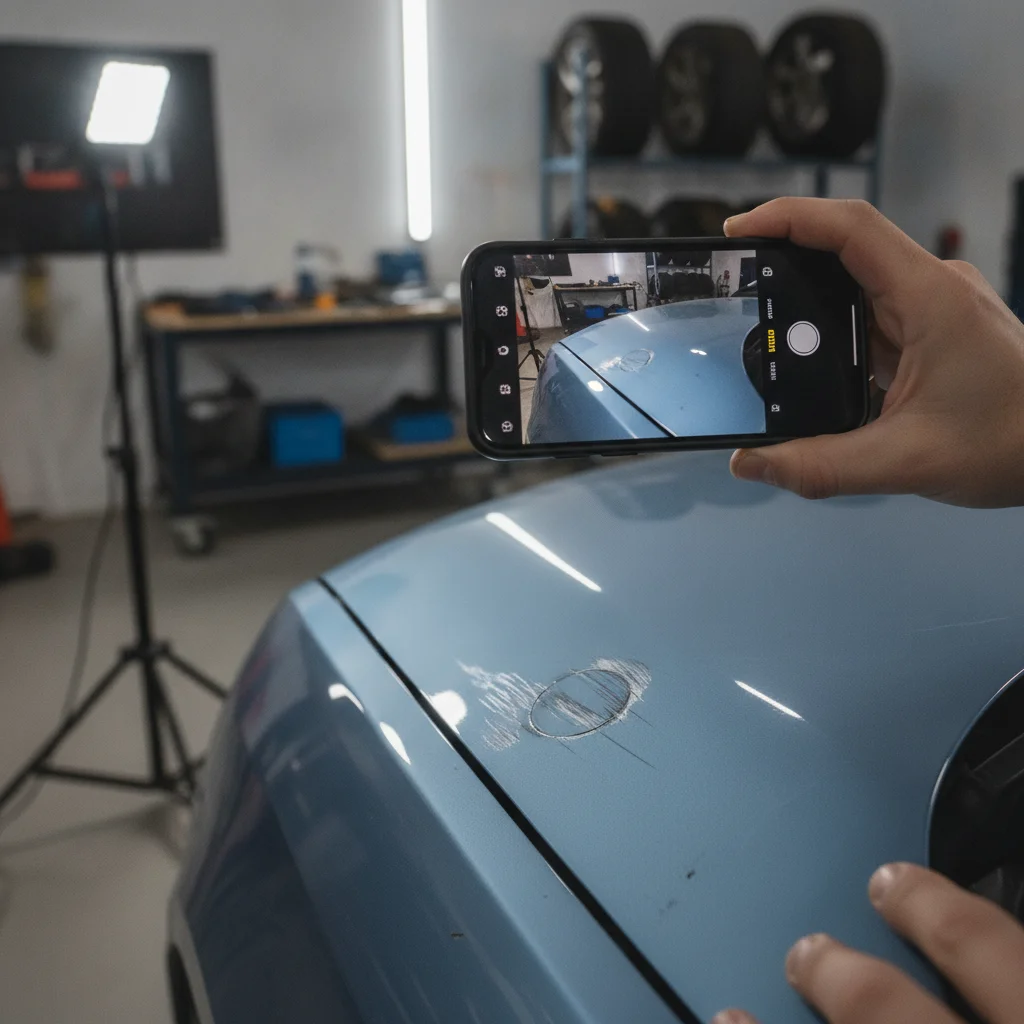 A car owner photographing vehicle damage with a smartphone for an insurance claim virtual inspection