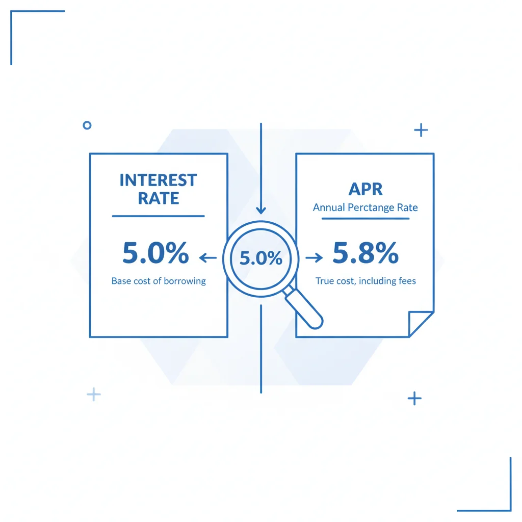 Side-by-side comparison infographic showing interest rate versus APR on auto loan documents