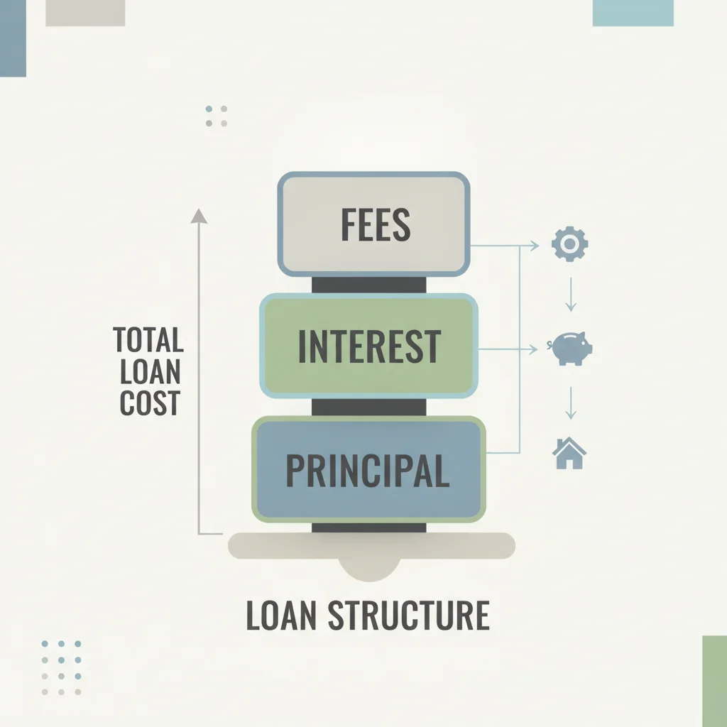 Diagram showing components of an auto loan cost including principal, interest, and fees as stacked blocks