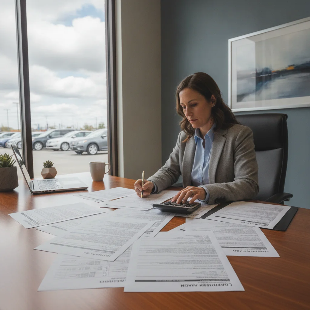 Person reviewing auto loan paperwork at a dealership finance office with documents spread on a desk