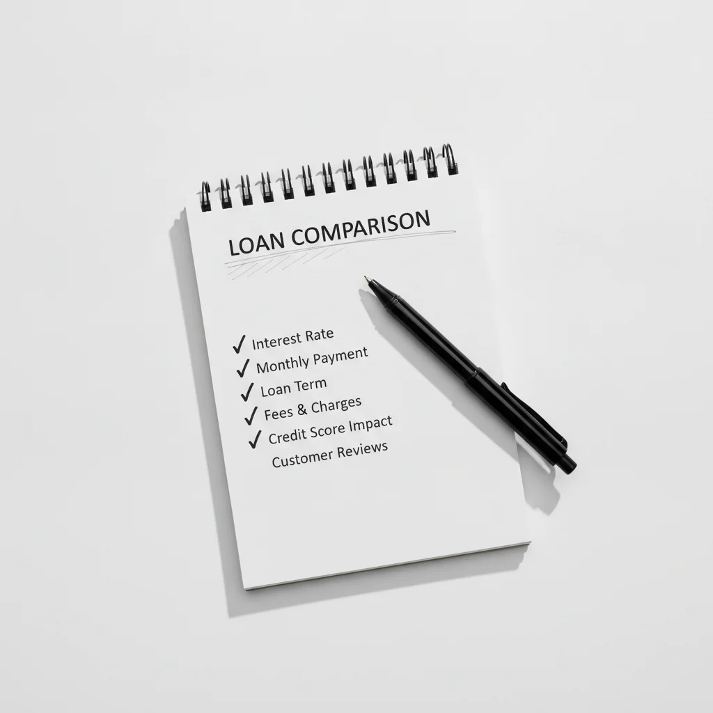 Loan comparison checklist on a notepad with pen, items being checked off in an organized layout