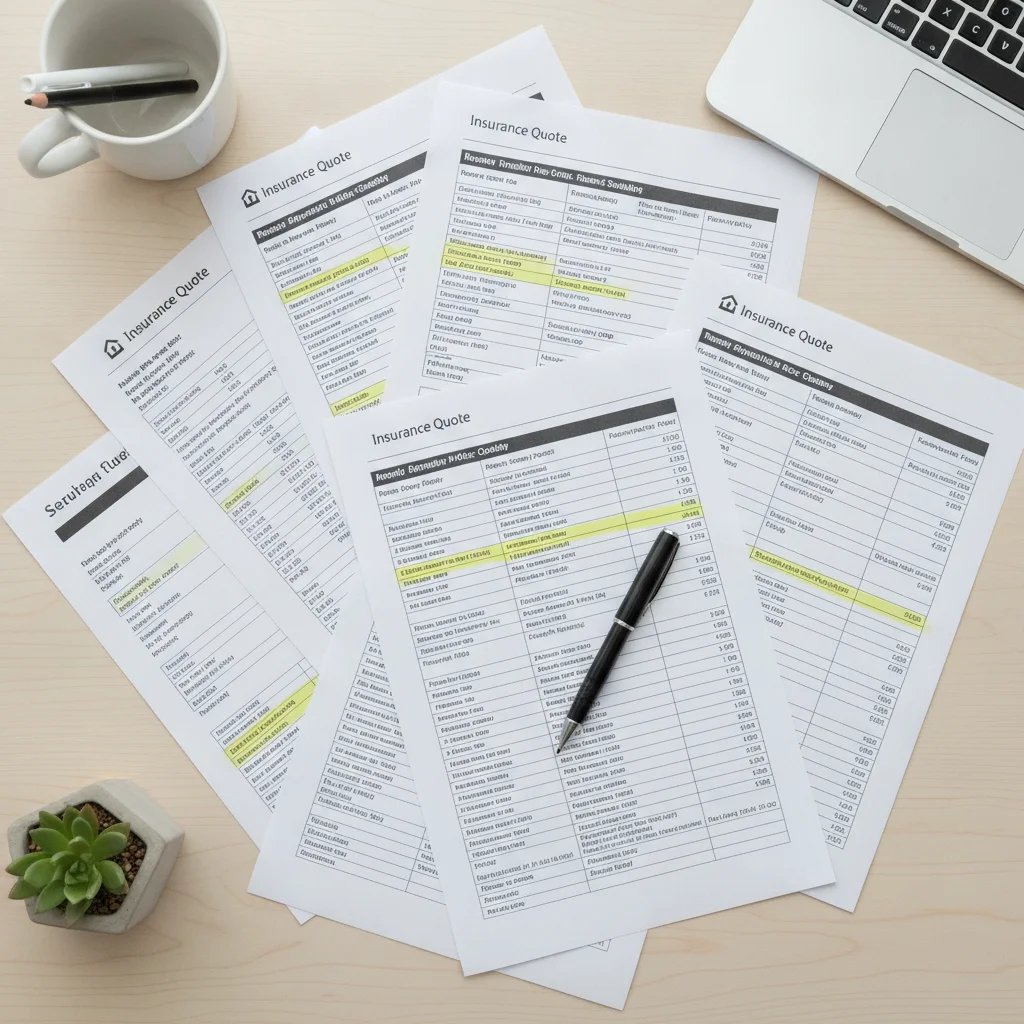 Multiple printed auto insurance quotes spread on a table with highlighted sections and a pen