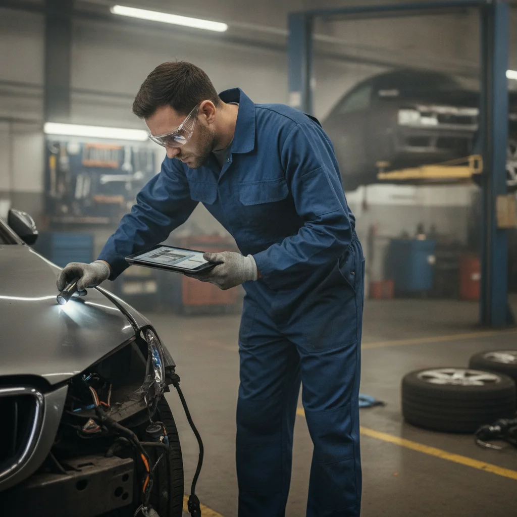 Mechanic inspecting vehicle damage in an auto repair shop after an insurance claim