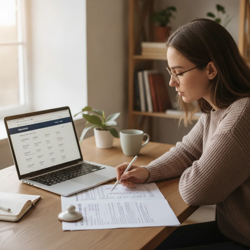 Person reviewing insurance policy documents alongside an online quote comparison tool on a laptop