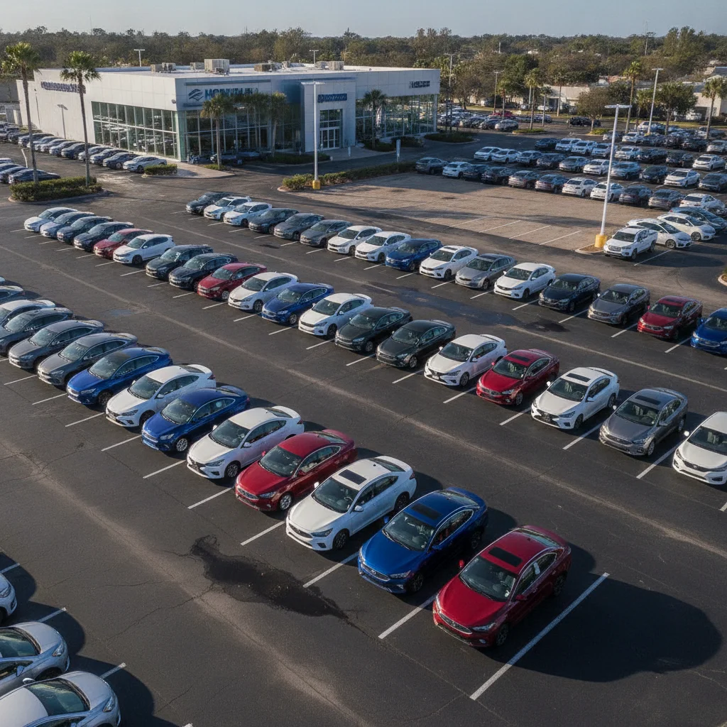 Car dealership lot with rows of new vehicles and some empty spaces showing limited inventory