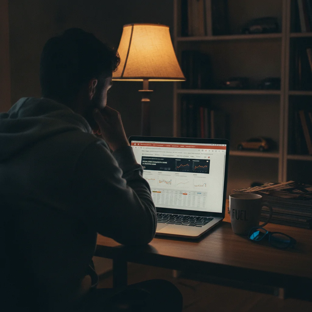 Person researching automotive production news on a laptop at a home desk