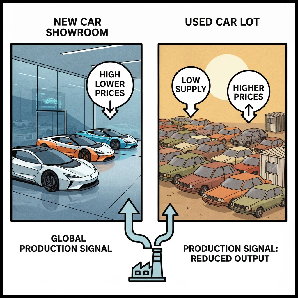 Split image comparing a new car showroom and a used car lot, illustrating two distinct markets
