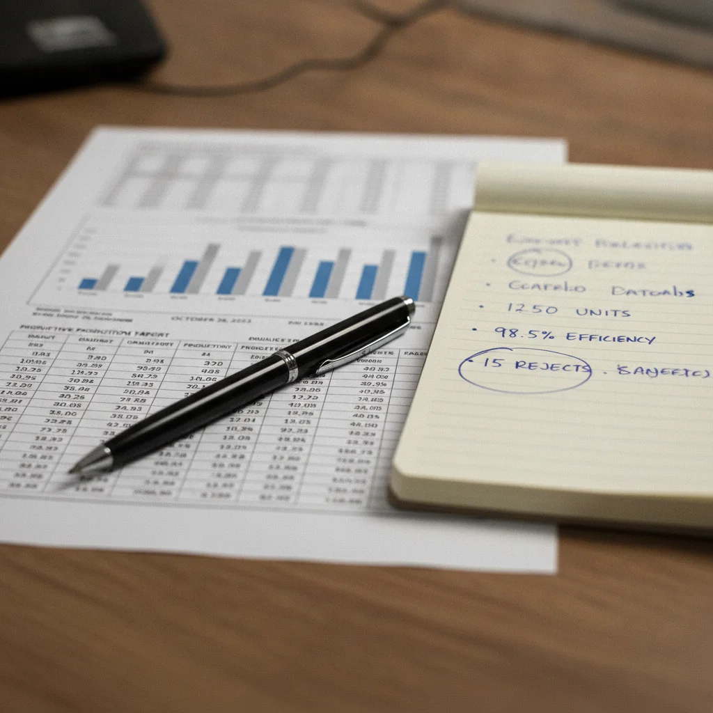 Close-up of a printed automotive production report with handwritten notes and circled figures