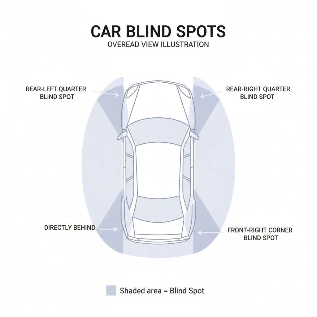 Overhead diagram of a car showing four primary blind-spot zones shaded around the vehicle