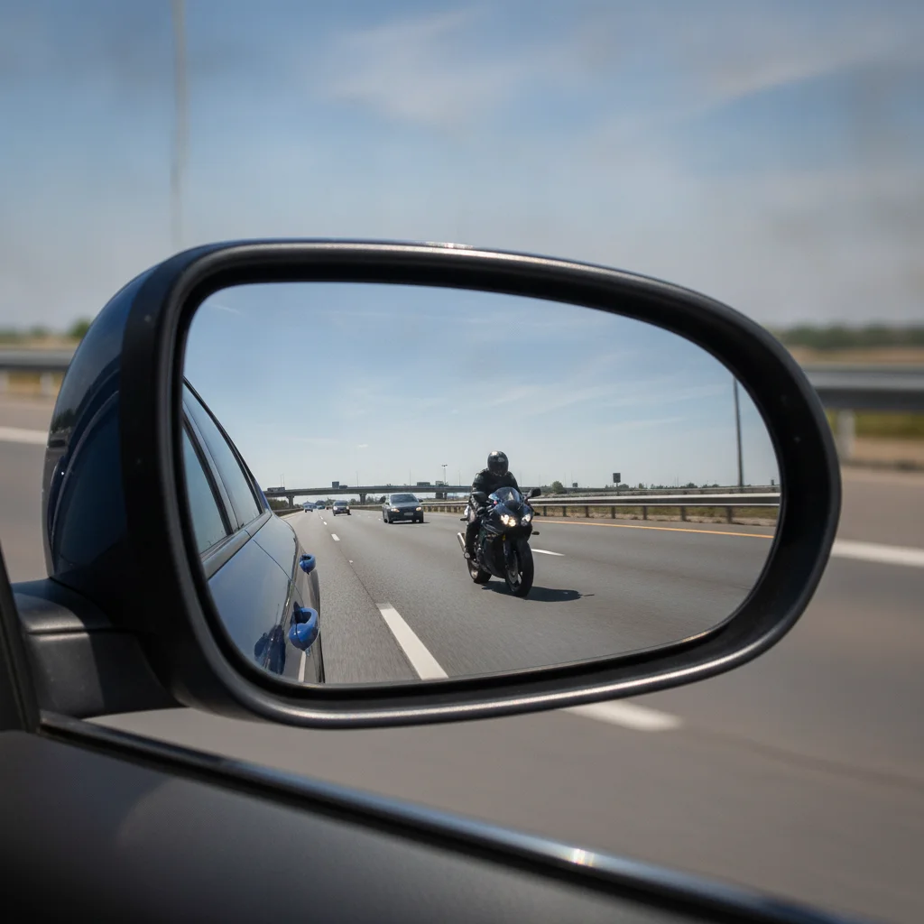 Driver-side mirror reflecting an adjacent highway lane with a motorcycle visible, demonstrating wide outward mirror adjustment
