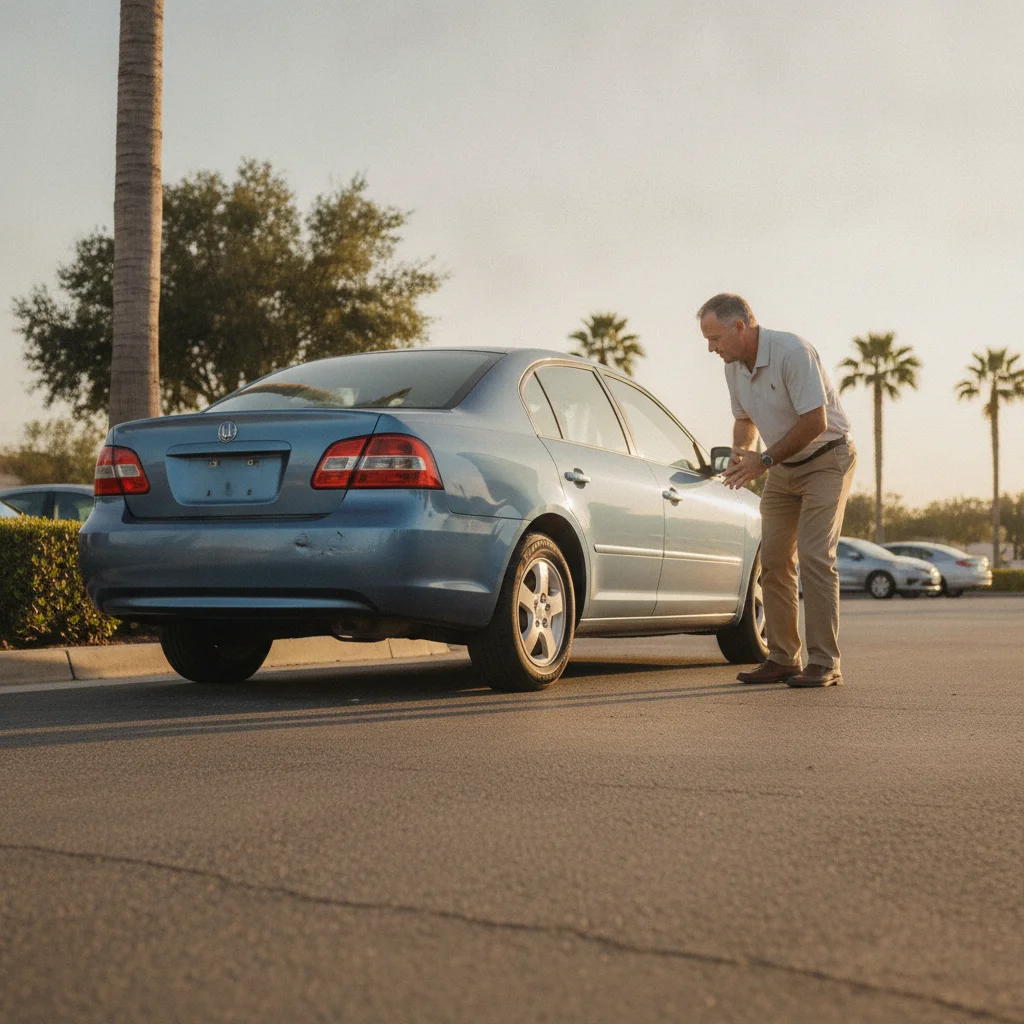 A car buyer performing a slow walk-around inspection of a used sedan in a sunny parking lot.