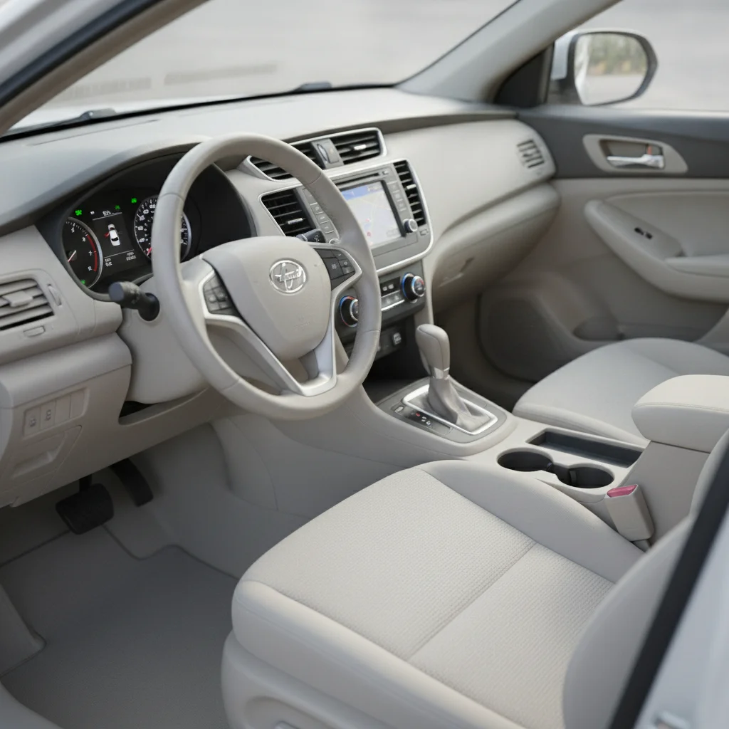 Clean used car interior with neutral fabric seats, clear instrument cluster, and tidy center console.