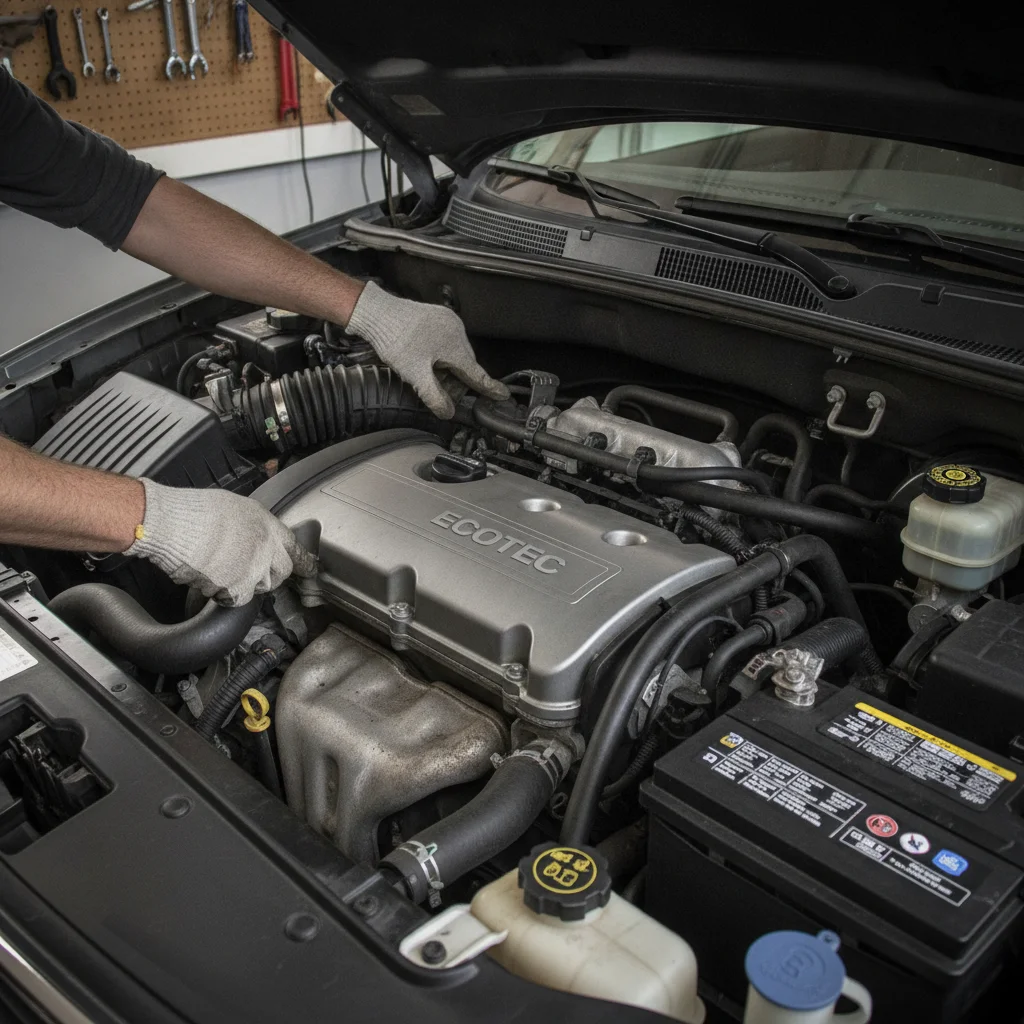 A person inspecting the engine bay of a used SUV, examining hoses and engine components carefully.