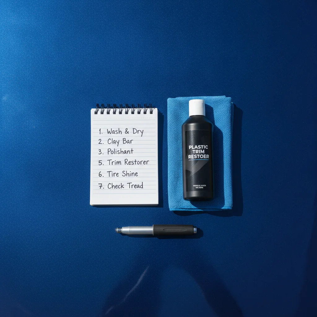Used car seller prep tools laid out on a car hood: trim restorer, microfiber cloth, tire gauge, and checklist notepad.